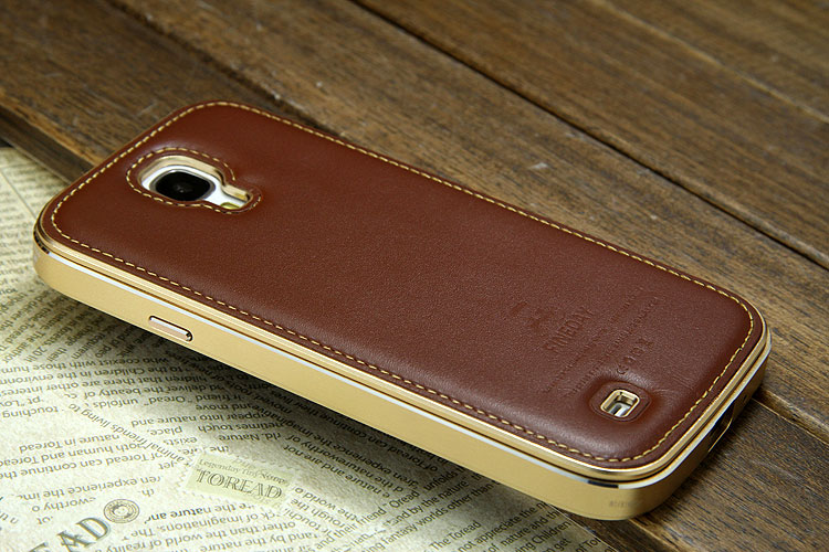 iMatch Luxury Aluminum Metal Bumper Premium Genuine Leather Back Cover Case for Samsung Galaxy S4 i9500
