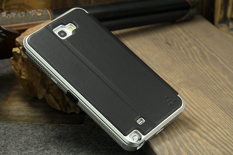 iMatch Luxury Aluminum Metal Bumper Premium Genuine Leather Flip Magnetic Case Cover for Samsung Galaxy Note 2