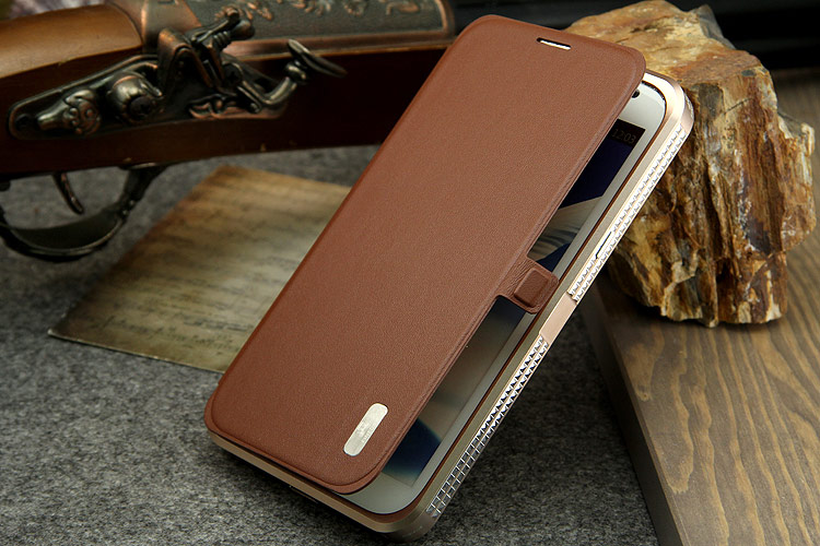 iMatch Luxury Aluminum Metal Bumper Premium Genuine Leather Flip Magnetic Case Cover for Samsung Galaxy Note 2