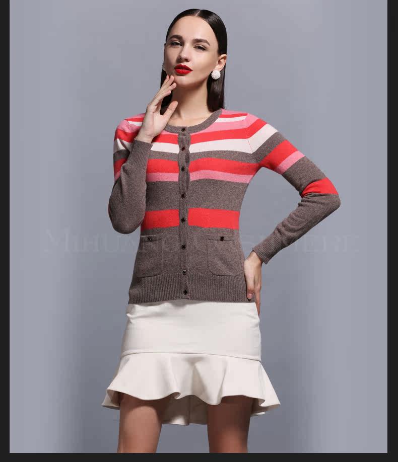<em>米皇</em> 女式<em>羊绒开衫</em>秋 经典条纹圆领长袖纯<em>羊绒</em>