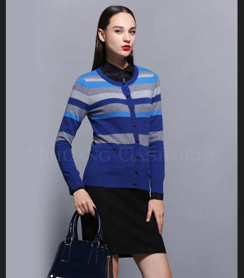 <em>米皇</em> 女式<em>羊绒开衫</em>秋 经典条纹圆领长袖纯<em>羊绒</em>