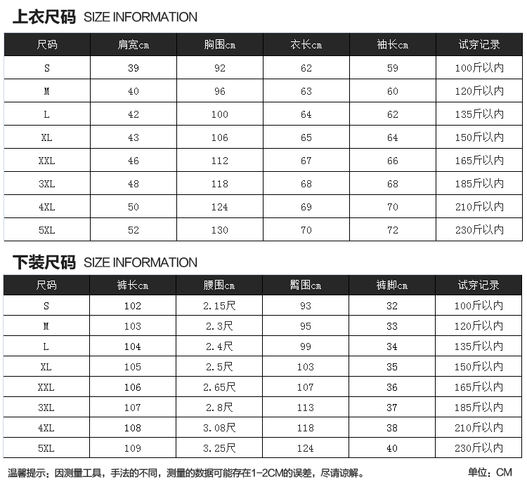 套装尺码表