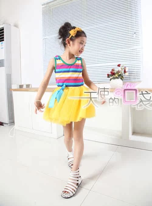 Kids Rainbow 2012 new style summer girls dress performed a dress vest skirt suit striped vest dress