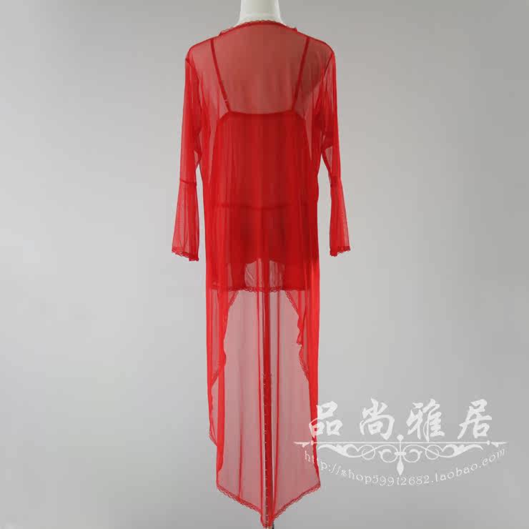 正品 蕾丝开衩性感<em>睡衣</em> 红色透明睡裙+<em>睡袍</em> 本