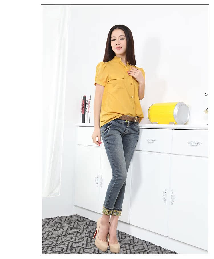 2013 summer wear Women Short sleeve shirt Korean version easy Chiffon shirt Big size shirt puff sleeve stand collar new pattern commute