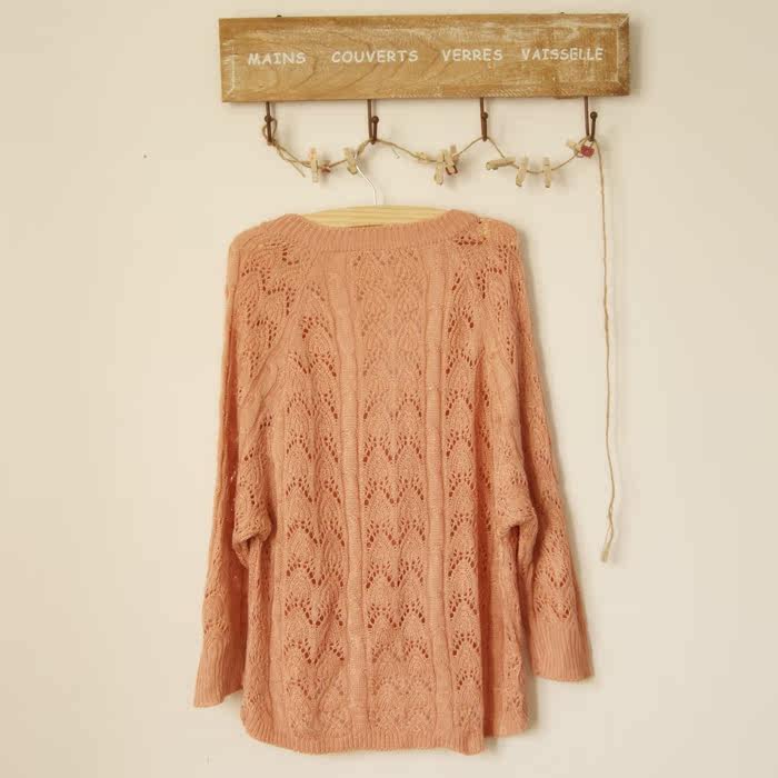 12<em>春秋薄</em>钩花镂空宽松蝙蝠<em>7分袖</em>甜美<em>针织开衫</em>