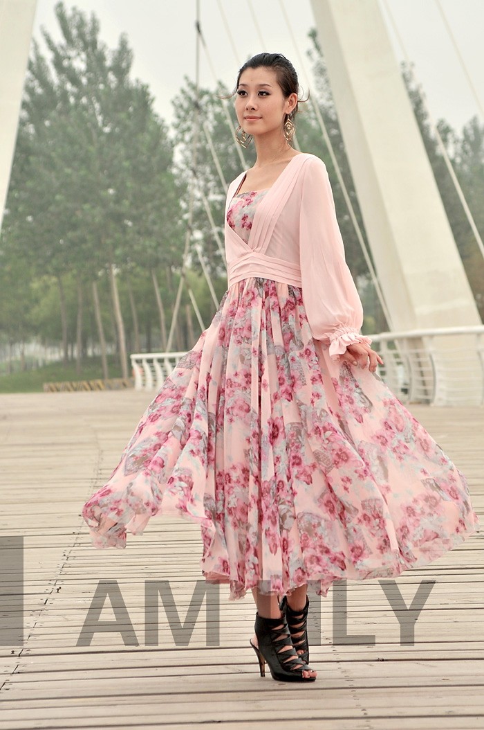 <em>天猫网</em>2012夏季新款 淑女长袖<em>连衣裙</em> 女 超长大