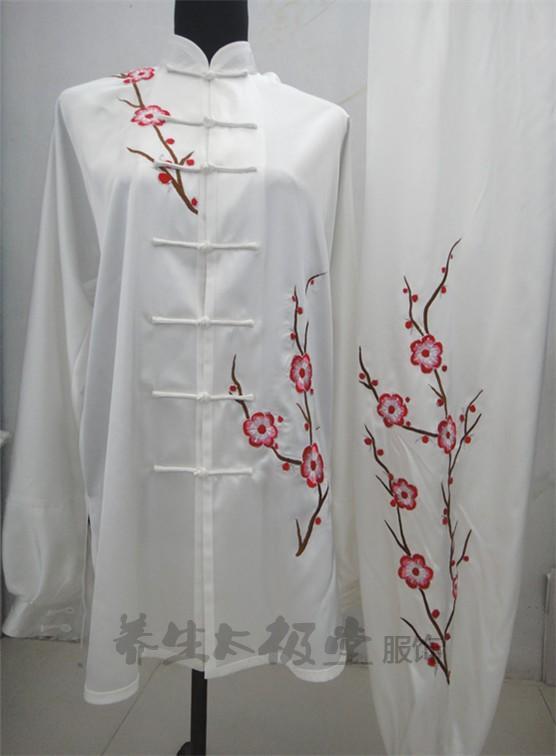 真丝绸刺绣红梅花太极服 练功服女款春夏季太极拳服装 白色 #493