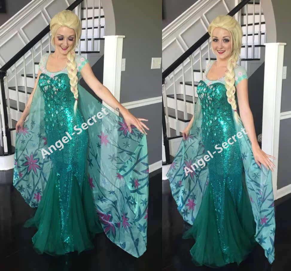 J919 Frozen Fever Elsa Green Dress Full Set Cape And Dress Spring Costume