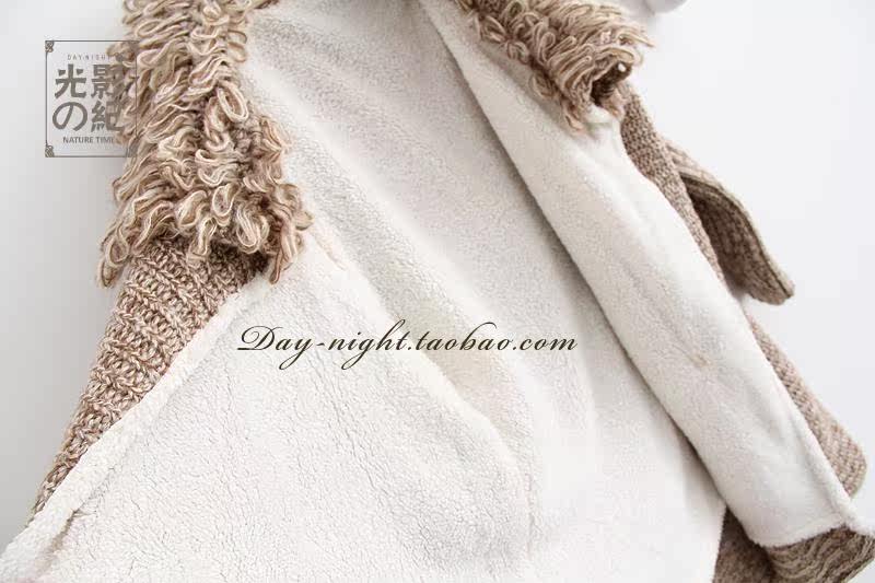 【毛领宽松蝙蝠袖<em>加</em>绒粗棒<em>针织开衫 </em>加厚中长