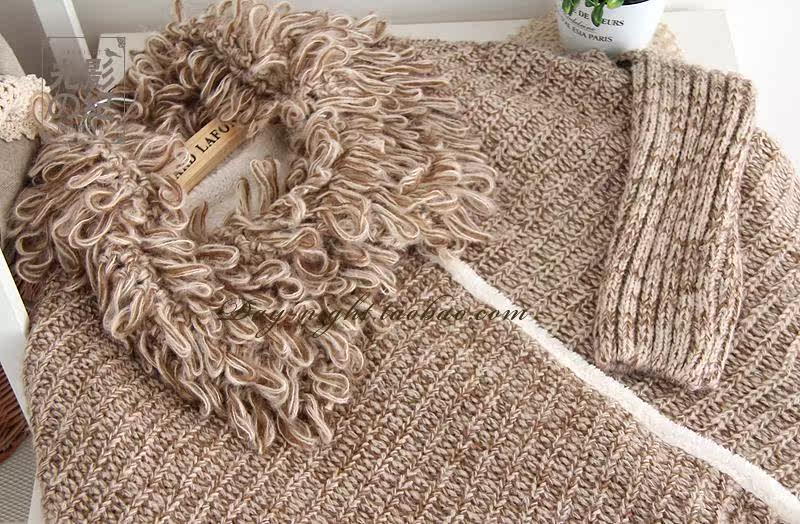 【毛领宽松蝙蝠袖<em>加</em>绒粗棒<em>针织开衫 </em>加厚中长