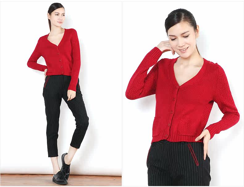 古木夕羊 13%羊毛加厚复古<em>棒针短开衫</em>V领毛衣