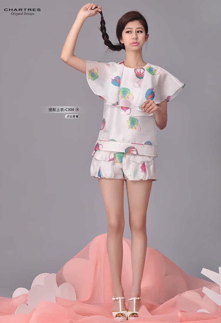 榭都原创设计 海母<em>印花</em>阔<em>腿短裤</em> 热裤 2014女装