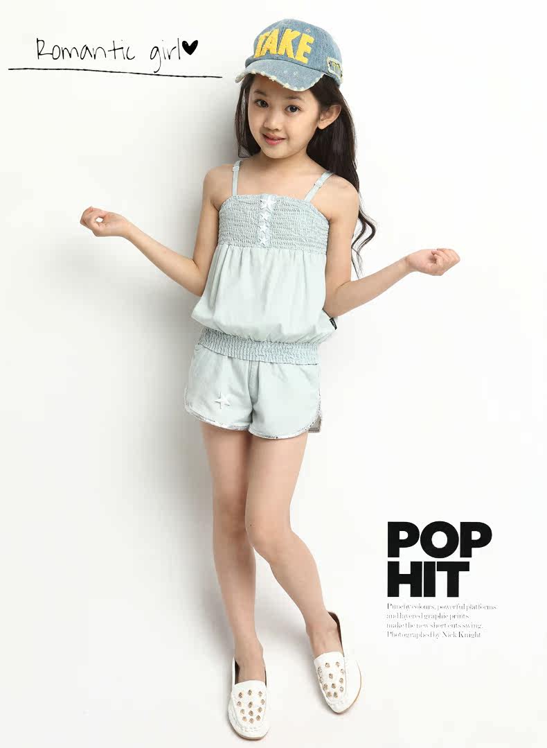 2014新款童装<em>女童</em>套装<em>牛仔短裤吊带</em>衫中大童