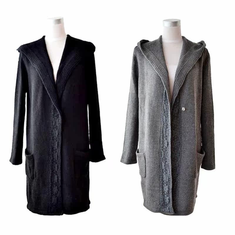 新款秋<em>冬装</em> <em>女式加长</em>版毛衣 带帽毛线开衫 针织