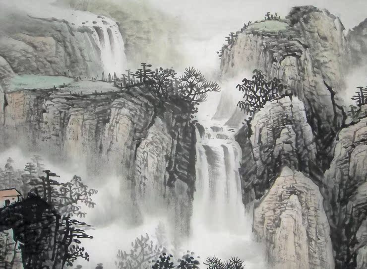 富水长流 风水画 办公室 国画山水画 客厅 字画书画 六尺横幅真迹