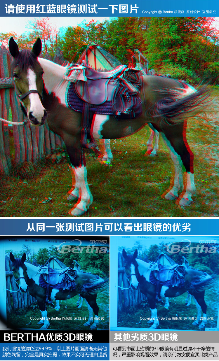 bertha高清 3d立体眼镜 红蓝3d 近视电视电脑专用 家庭必备 3副装