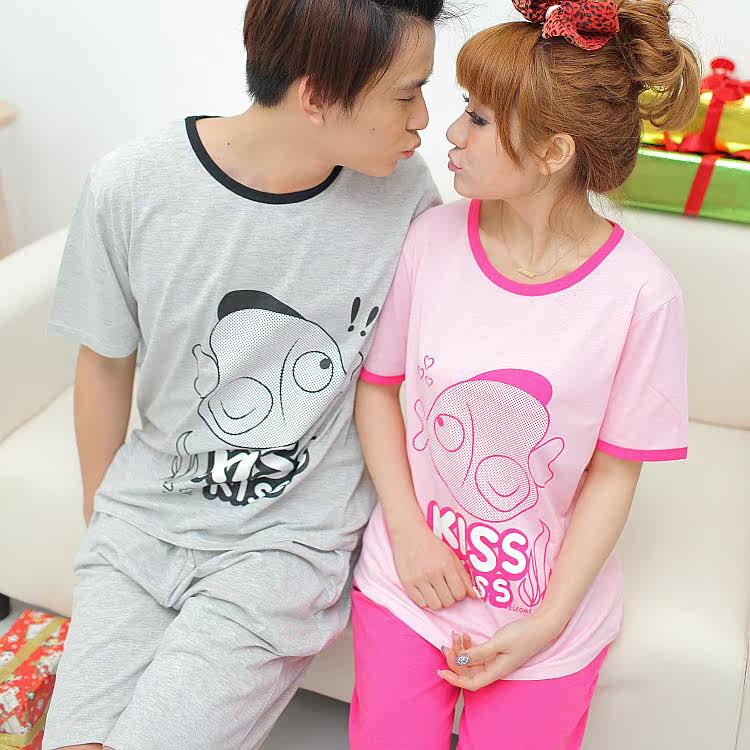 家居服批发 情侣睡衣夏季<em>男女</em>款可爱动物<em>亲嘴</em>