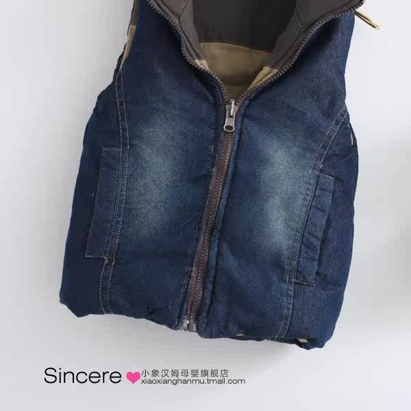 小象汉姆 12冬童装 <em>男童</em>牛仔<em>马甲</em> 加厚 两面<em>穿</em>