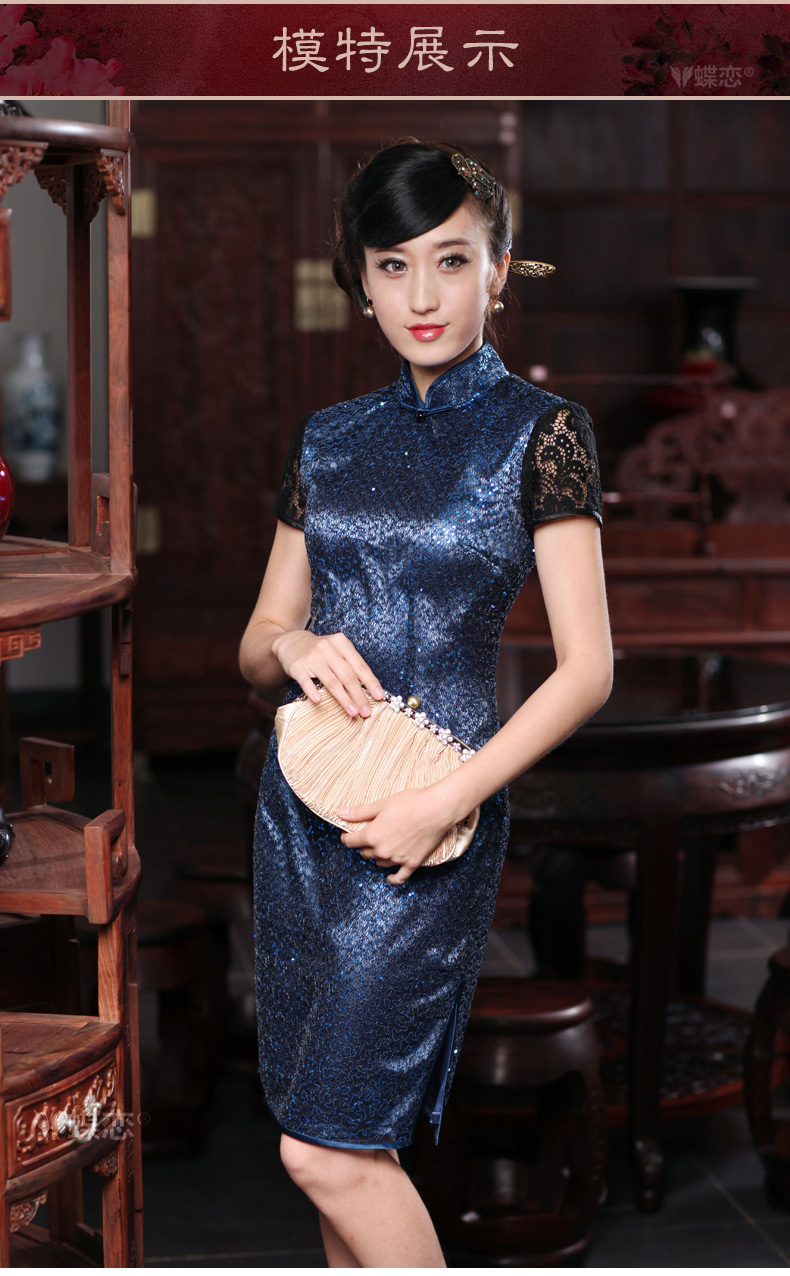 Butterfly Lovers 2015 spring new stylish improved stitching qipao dresses daily cultivating short Silk Cheongsam 49,187 dark blue XXXL pictures, price, brand platters! Elections are good character, the national distribution, so why buy now enjoy more preferential! Health