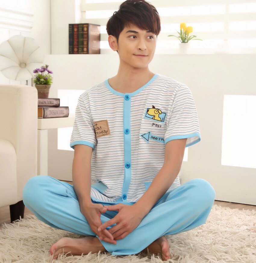 夏天<em>纯棉大男孩睡衣</em>短袖长裤套装 卡通家居服