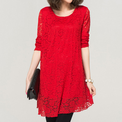 2014春装女装新款蕾丝宽松a字连衣裙长袖大码